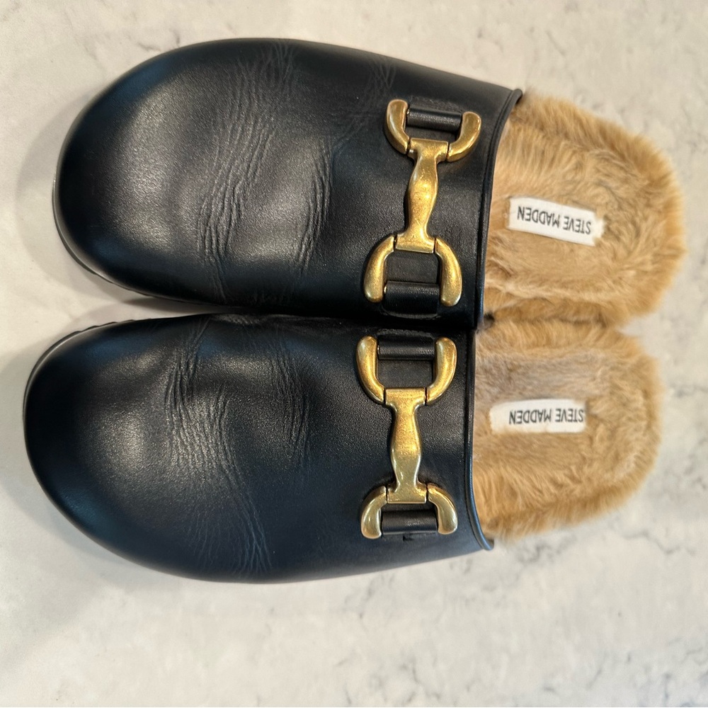 Steve Madden Black Mules with Gold Buckle